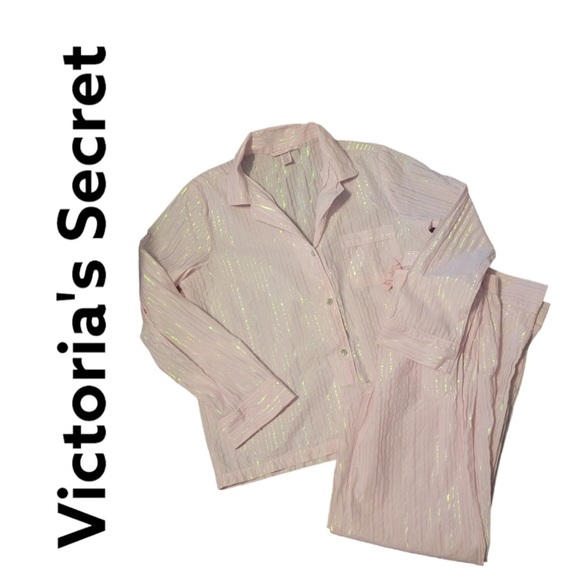Victoria's Secret 💕 Soft ☁️ Pink 💗Metallic Shiny 💎Stripe PJ Set Size M - Picture 6 of 11